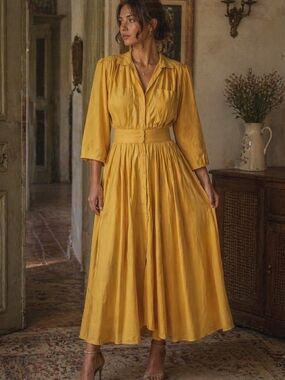 Vintage Mustard Maxi Dress Cottagecore Prairie Romantic Button Front Structured